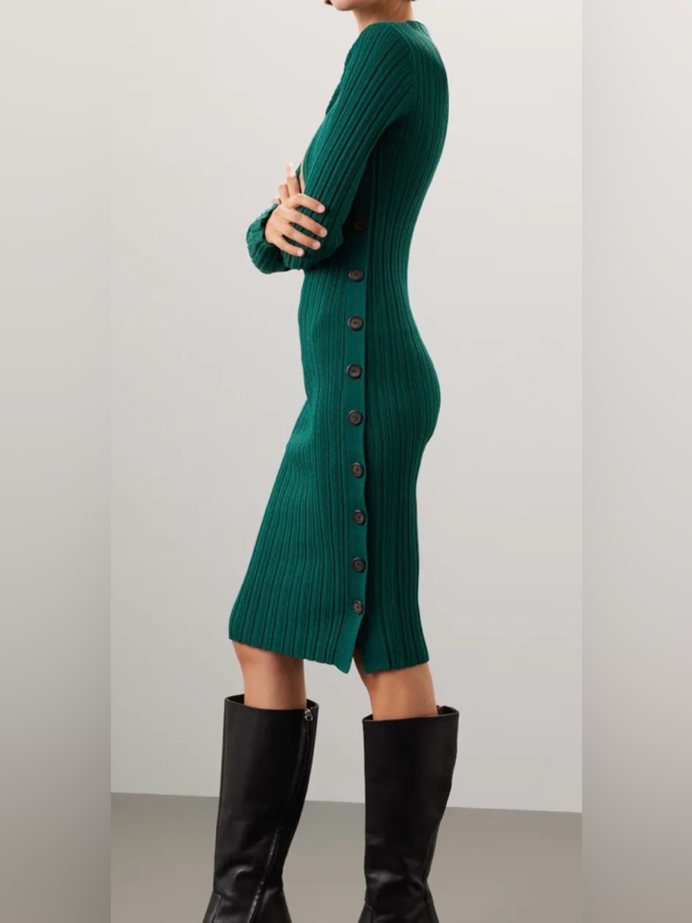 Adam Lippes Ribbed Long Sleeve Button-Trim Midi Dress in Green